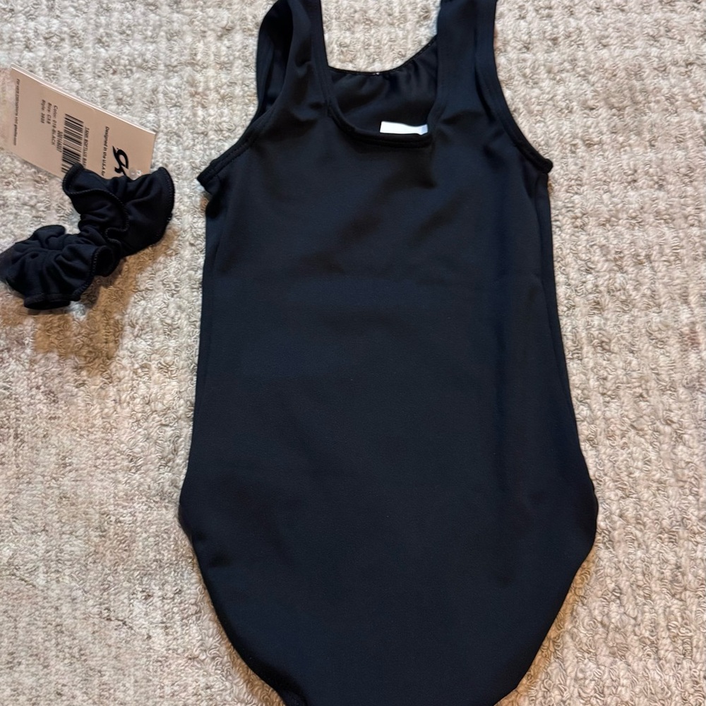 GK Black Girls' Athletic One-Piece Leotard with Matching Scrunchie - Picture 2 of 3